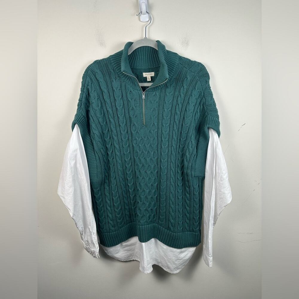 Pilcro Cable Knit Sweater Vest Women Medium Teal Excellent Zip Up Chunky Layered